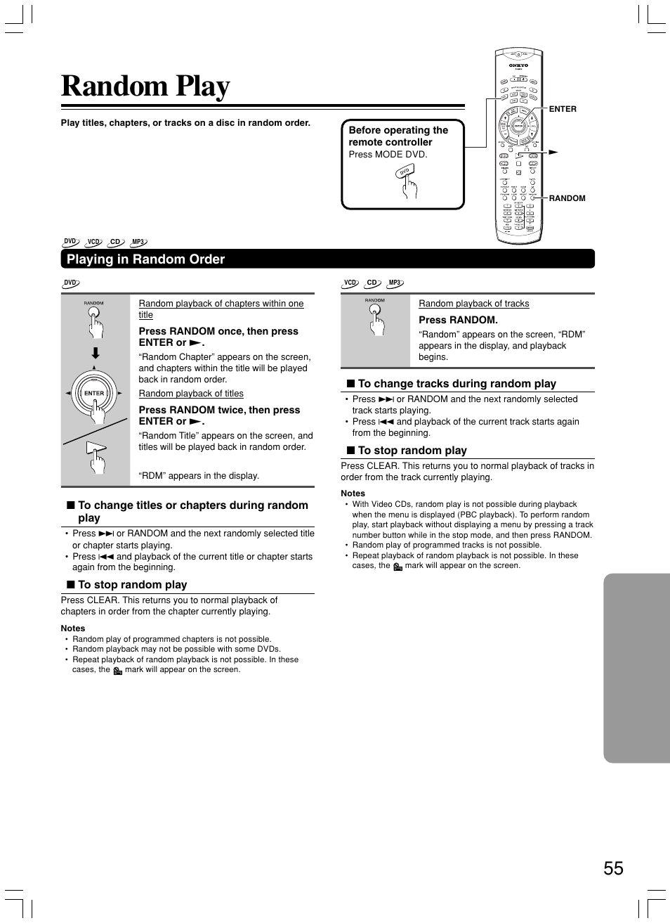 Random play, Playing in random order | Onkyo DR-S2.2 User Manual | Page 55 / 88