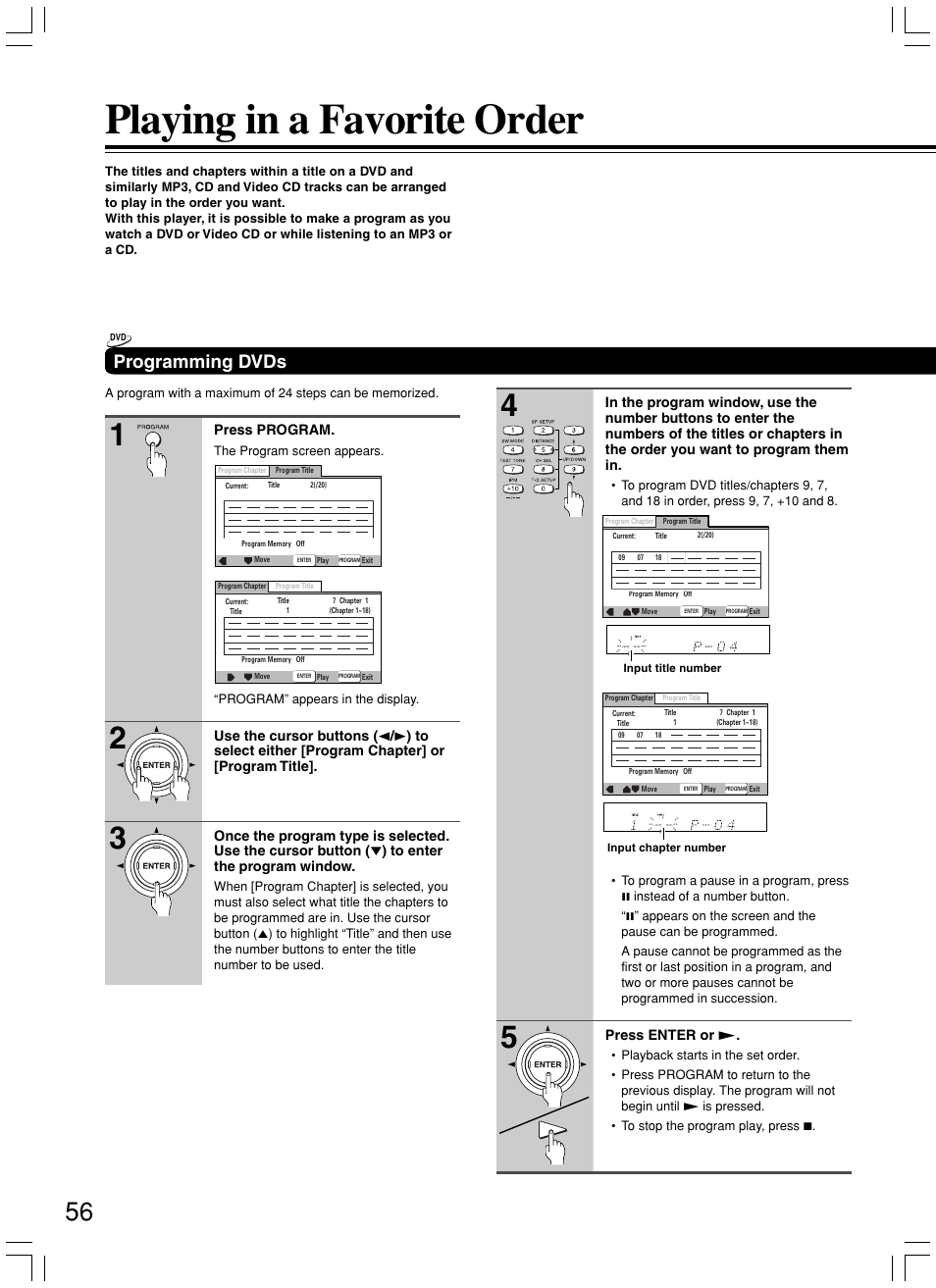 Playing in a favorite order, Programming dvds | Onkyo DR-S2.2 User Manual | Page 56 / 88