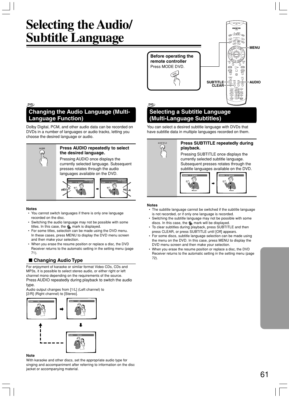 Selecting the audio/ subtitle language, Changing audio type | Onkyo DR-S2.2 User Manual | Page 61 / 88