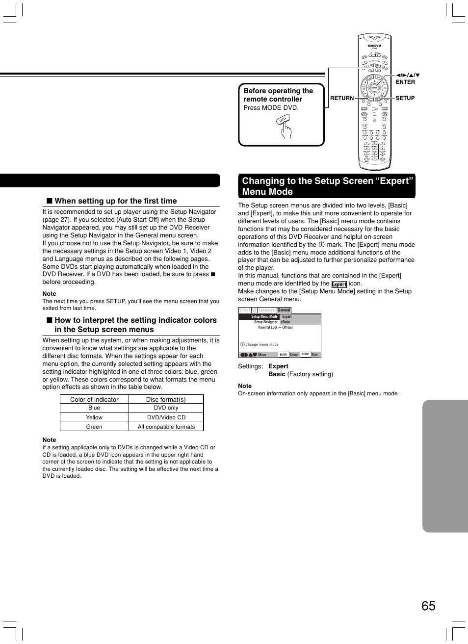 Changing to the setup screen “expert” menu mode, When setting up for the first time | Onkyo DR-S2.2 User Manual | Page 65 / 88