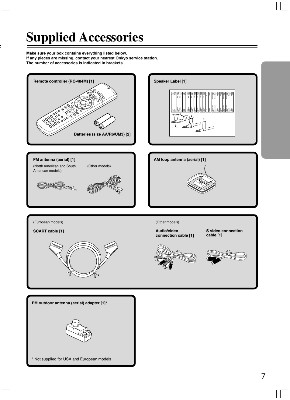 Supplied accessories, Audio/video connection cable [1] speaker label [1, Other models) | Onkyo DR-S2.2 User Manual | Page 7 / 88