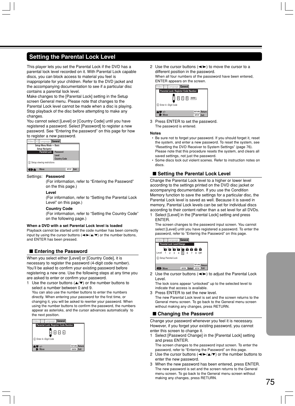 Setting the parental lock level, Entering the password, Changing the password | Onkyo DR-S2.2 User Manual | Page 75 / 88