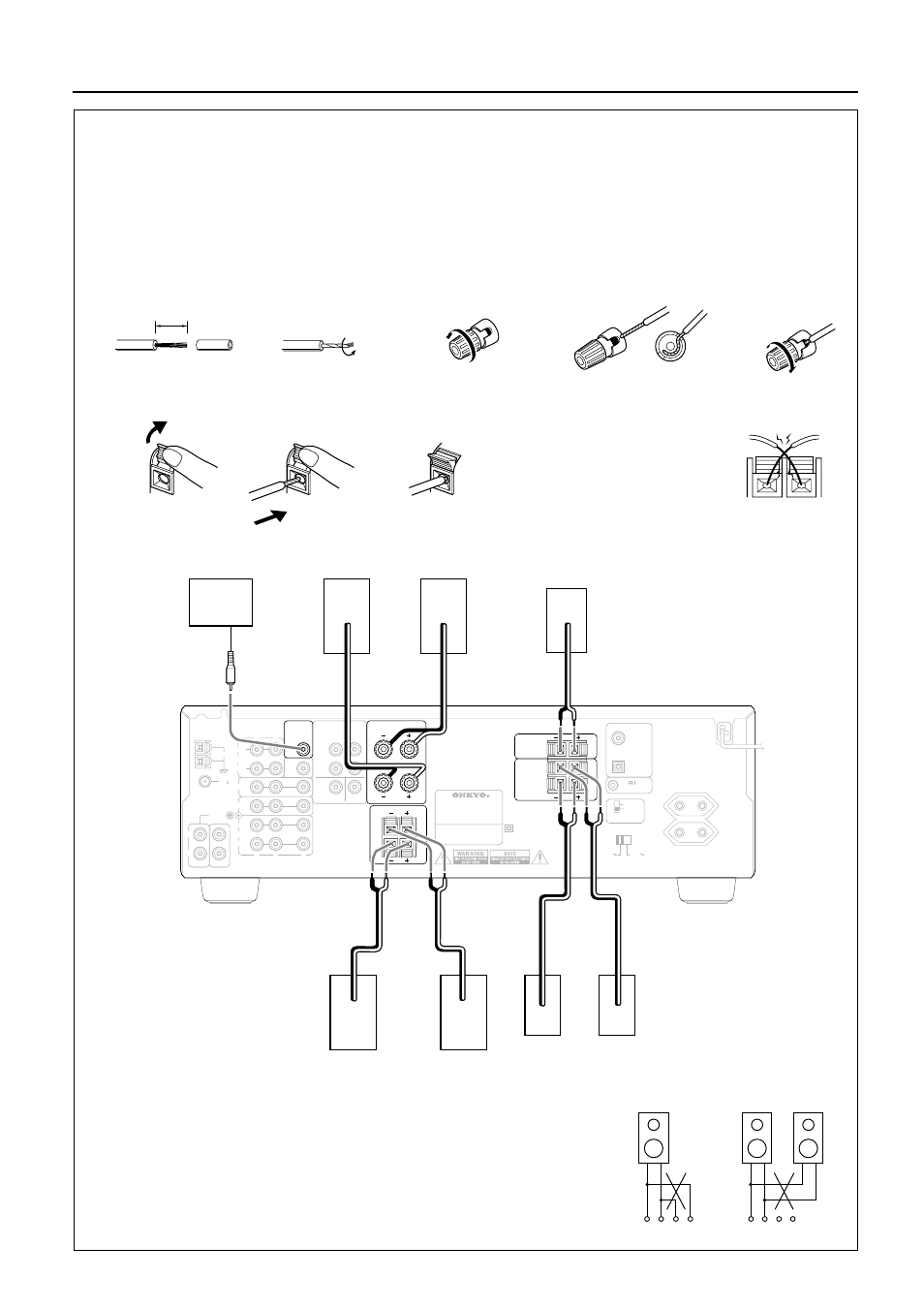 Connecting speakers, Connecting the speaker cable, When you use only one speaker or wish to listen | Onkyo TX-SE550 User Manual | Page 10 / 36