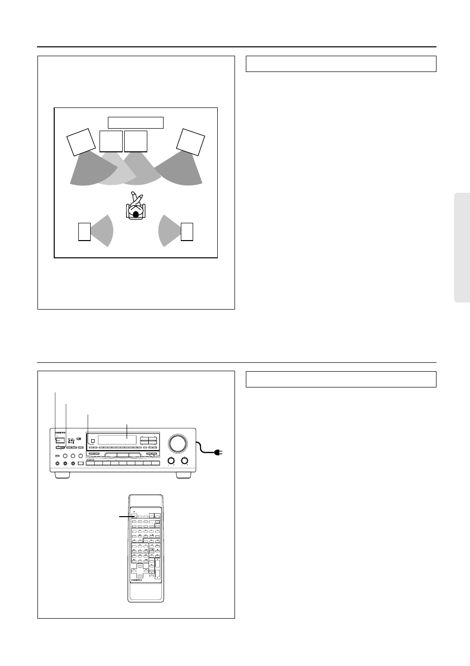 Positioning speakers, Connecting the power, Plug the power cord into an ac wall outlet | Press the power switch to set the receiver to s, Press the standby/on button or power button on, Standard speaker placement, Bass treble c d phones re-eq | Onkyo TX-SE550 User Manual | Page 11 / 36