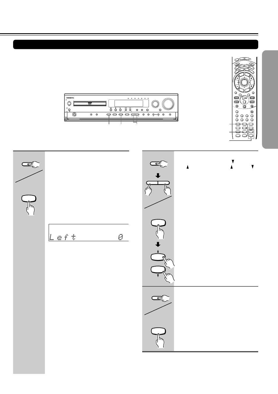 Press test tone, The test tone stops and the normal display resumes, Remote controller up/ down | Ch sel test tone, Unit remote controller, Unit remote controller unit | Onkyo DR-2000 User Manual | Page 21 / 72