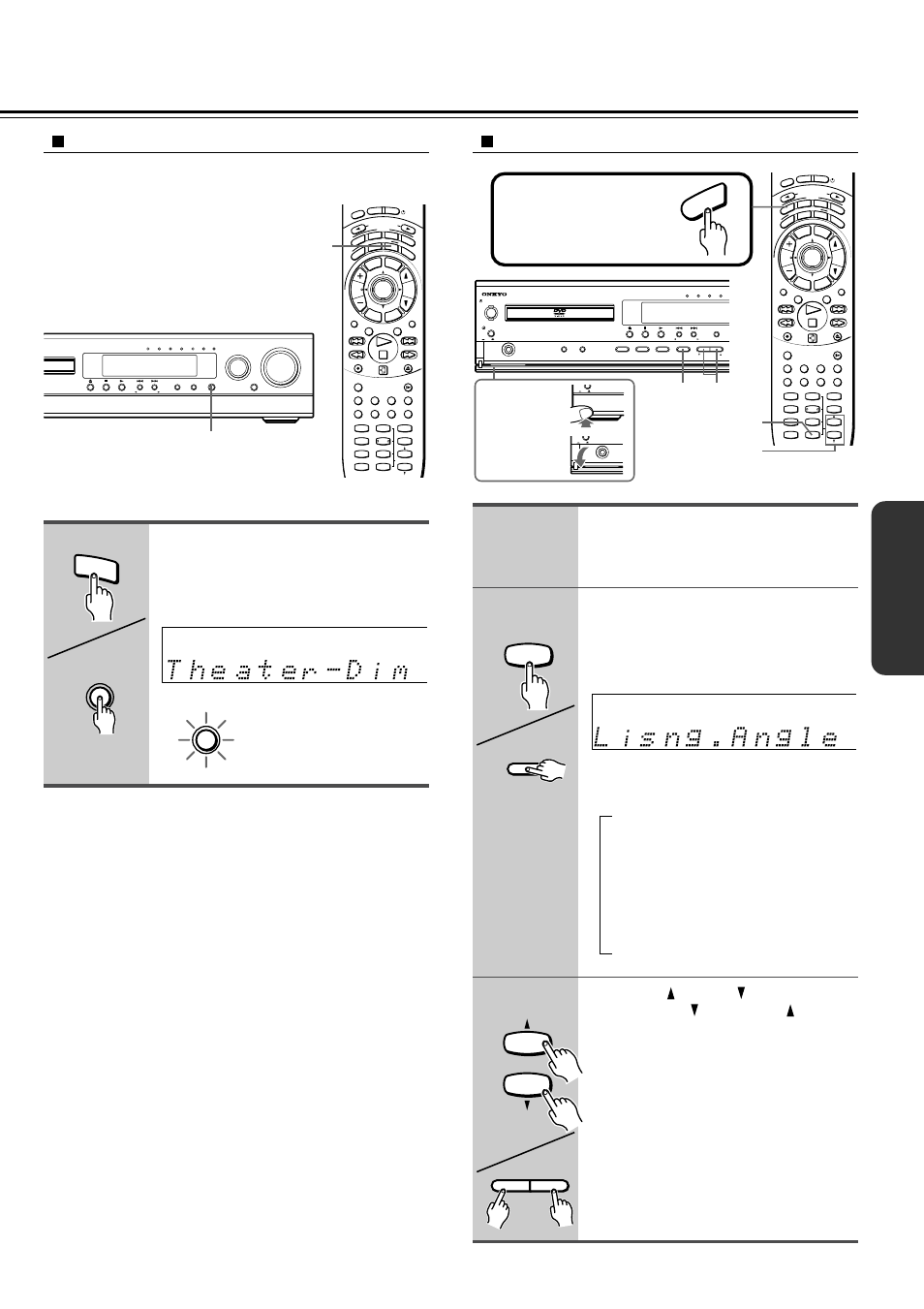 Activating theater-dimensional mode, Adjusting theater-dimensional mode, Press mode audio first | Unit remote controller t– d setup, T – d, Au dio theater-dimensional (button/indicator), Up/ down, Unit, Search | Onkyo DR-2000 User Manual | Page 37 / 72