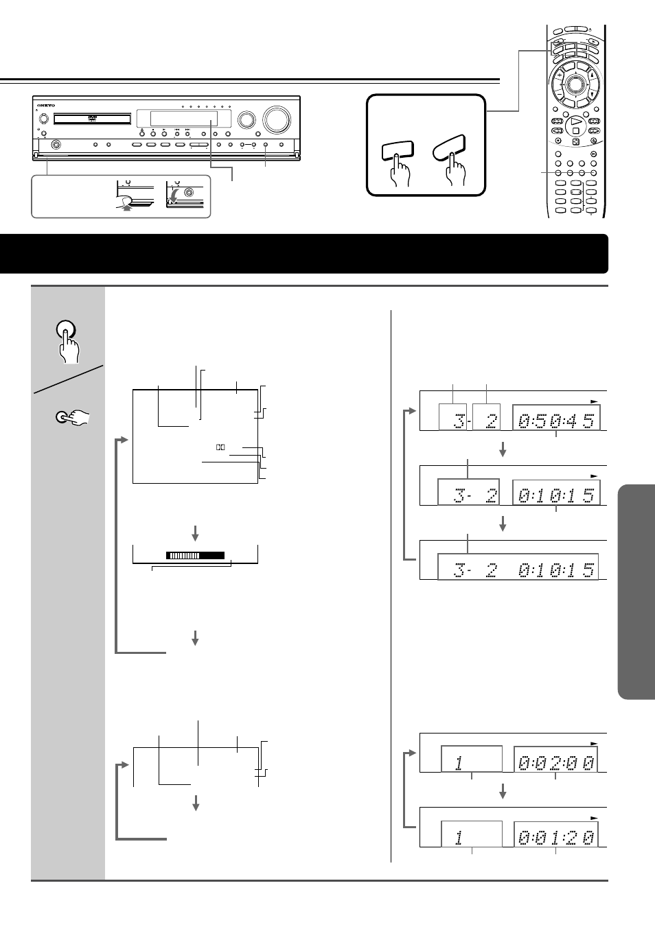 Press display during playback, Press mode dvd or mode audio first, Display au dio dvd | Display display unit remote controller, Display, Press the lower part of the cover to open | Onkyo DR-2000 User Manual | Page 51 / 72