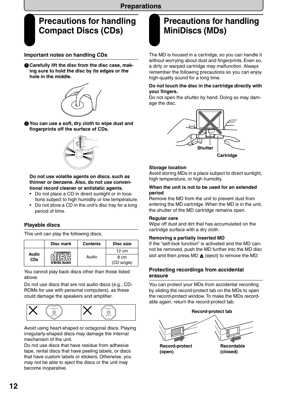 Precautions for handling compact discs (cds), Important notes on handling cds, Playable discs | Precautions for handling minidiscs (mds), Protecting recordings from accidental erasure, Preparations | Onkyo FR-N3X User Manual | Page 12 / 72