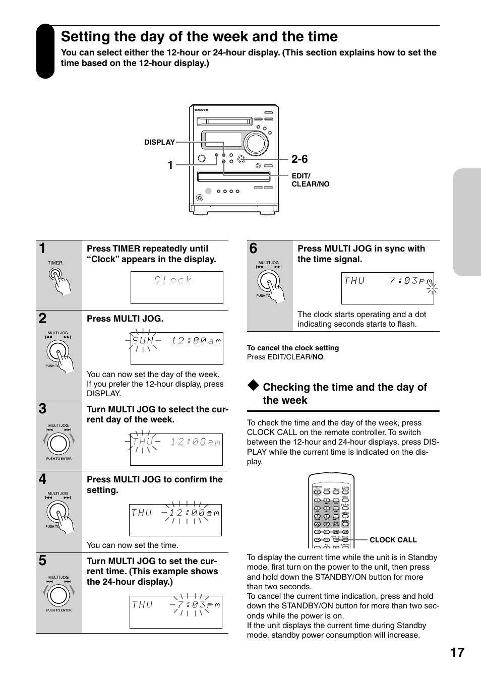 Setting the day of the week and the time, Checking the time and the day of the week | Onkyo FR-N3X User Manual | Page 17 / 72