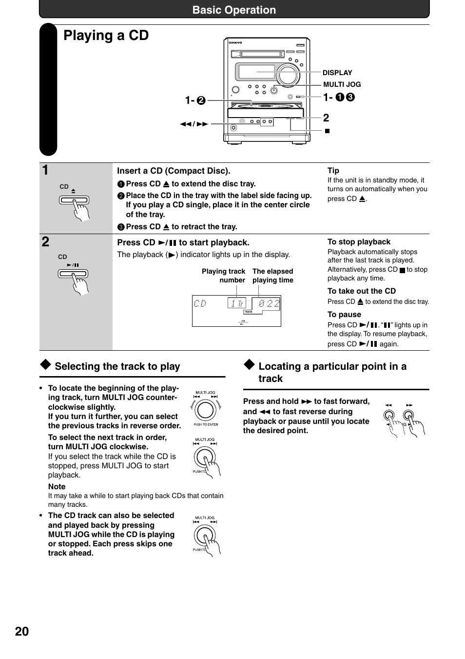 Playing a cd, Selecting the track to play, Locating a particular point in a track | Basic operation | Onkyo FR-N3X User Manual | Page 20 / 72