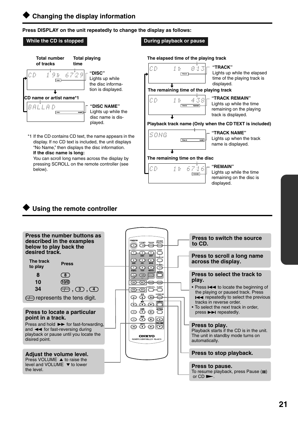 Changing the display information, Using the remote controller | Onkyo FR-N3X User Manual | Page 21 / 72
