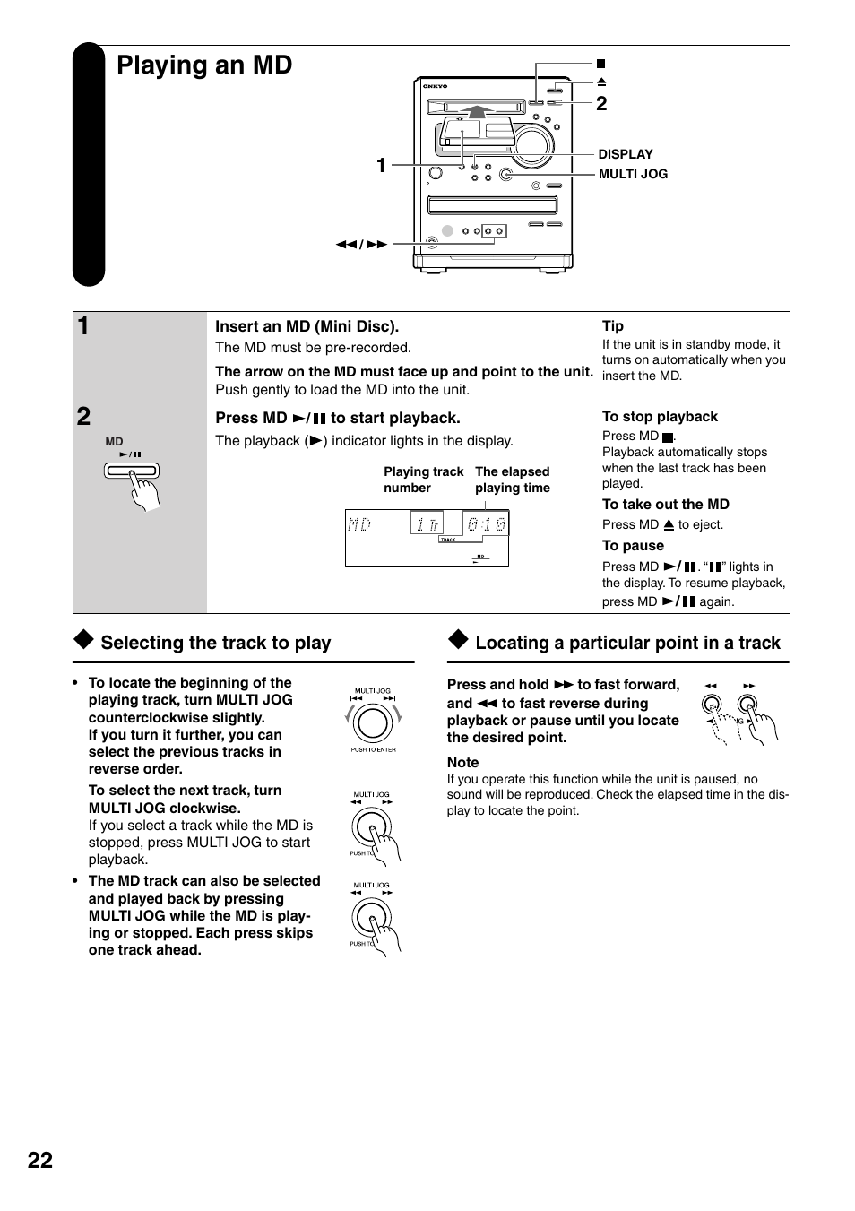 Playing an md, Selecting the track to play, Locating a particular point in a track | Onkyo FR-N3X User Manual | Page 22 / 72