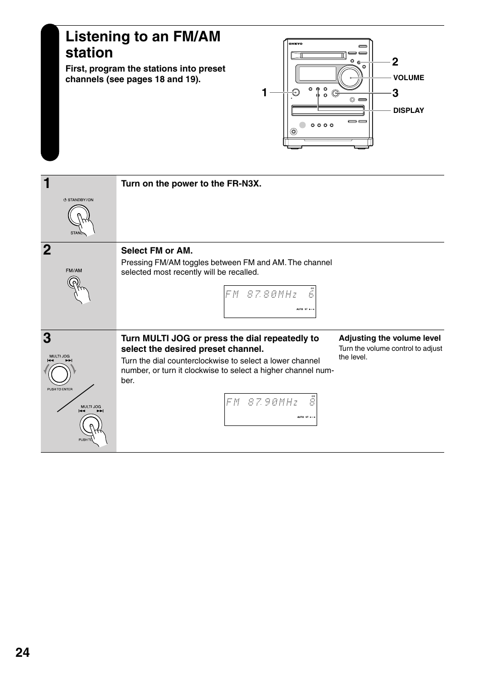 Listening to an fm/am station | Onkyo FR-N3X User Manual | Page 24 / 72