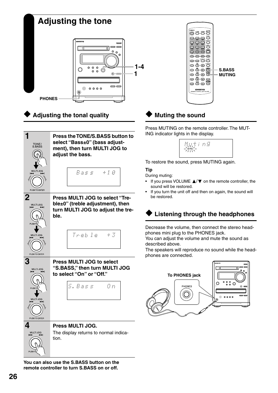 Adjusting the tone, Adjusting the tonal quality, Muting the sound | Listening through the headphones | Onkyo FR-N3X User Manual | Page 26 / 72