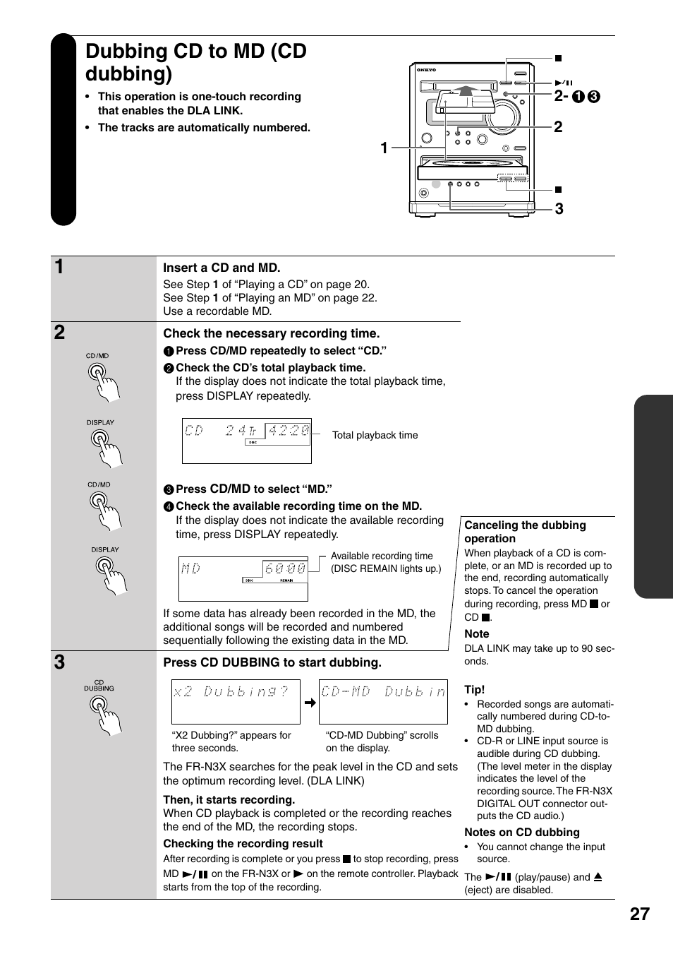 Dubbing cd to md (cd dubbing) | Onkyo FR-N3X User Manual | Page 27 / 72