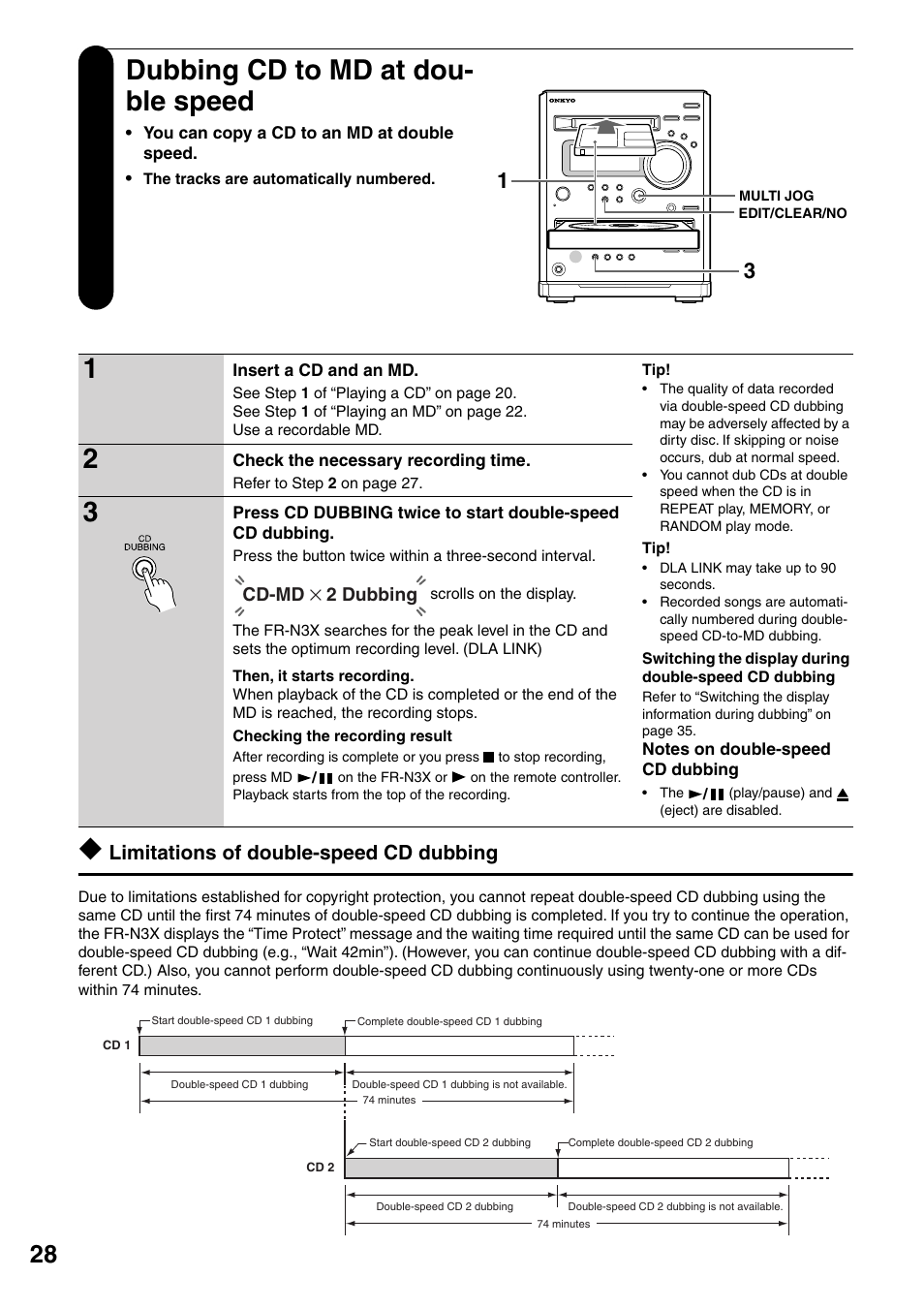 Dubbing cd to md at double speed, Dubbing cd to md at dou- ble speed, Limitations of double-speed cd dubbing | Onkyo FR-N3X User Manual | Page 28 / 72