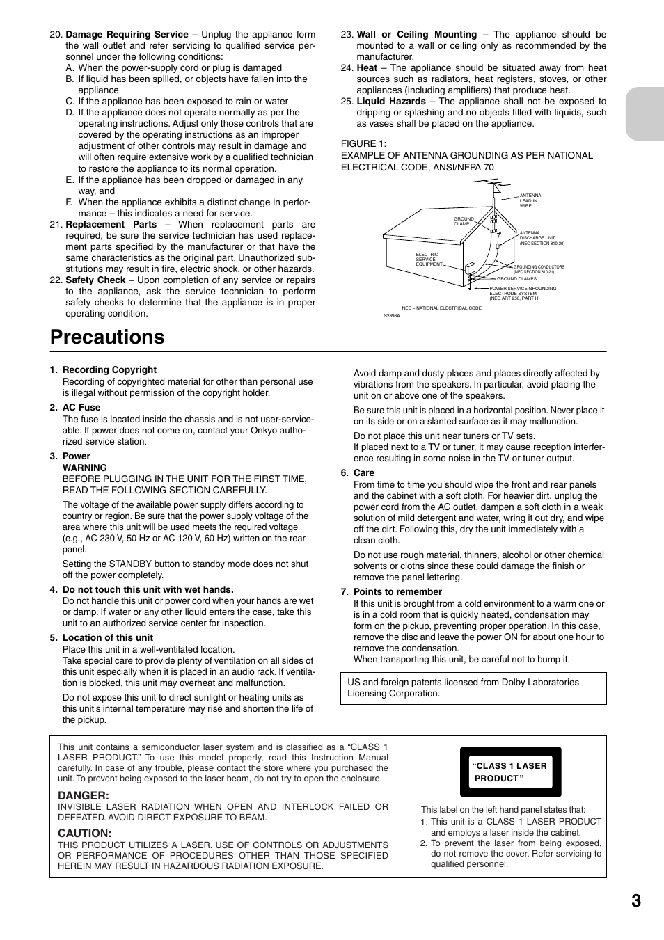 Precautions, Danger, Caution | Onkyo FR-N3X User Manual | Page 3 / 72