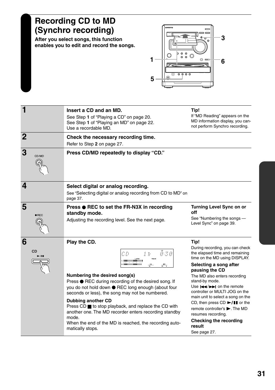 Recording cd to md (synchro recording) | Onkyo FR-N3X User Manual | Page 31 / 72