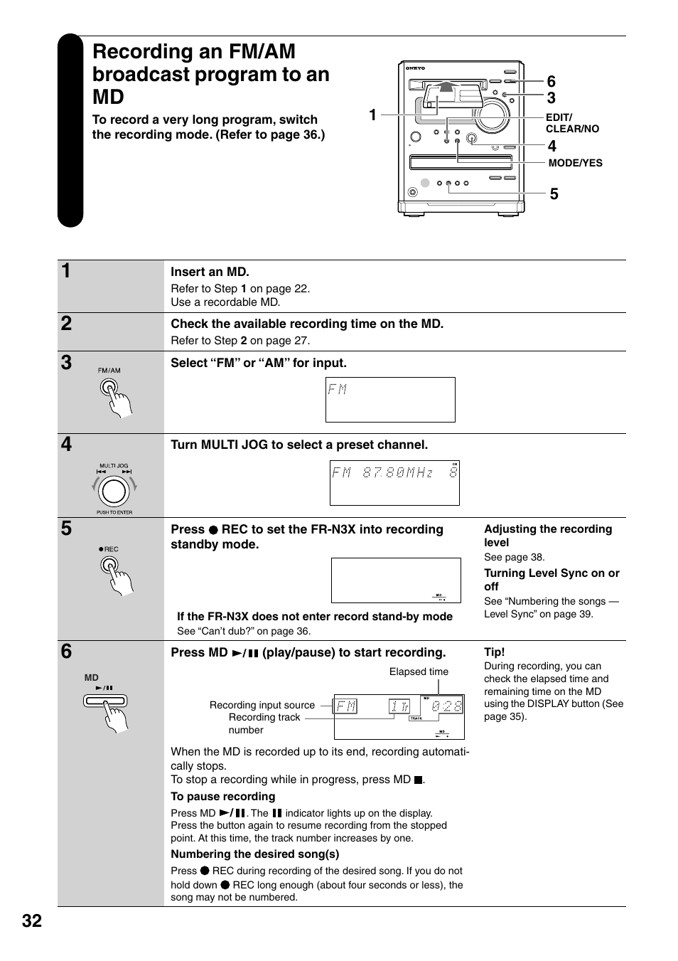 Recording an fm/am broadcast program to an md | Onkyo FR-N3X User Manual | Page 32 / 72