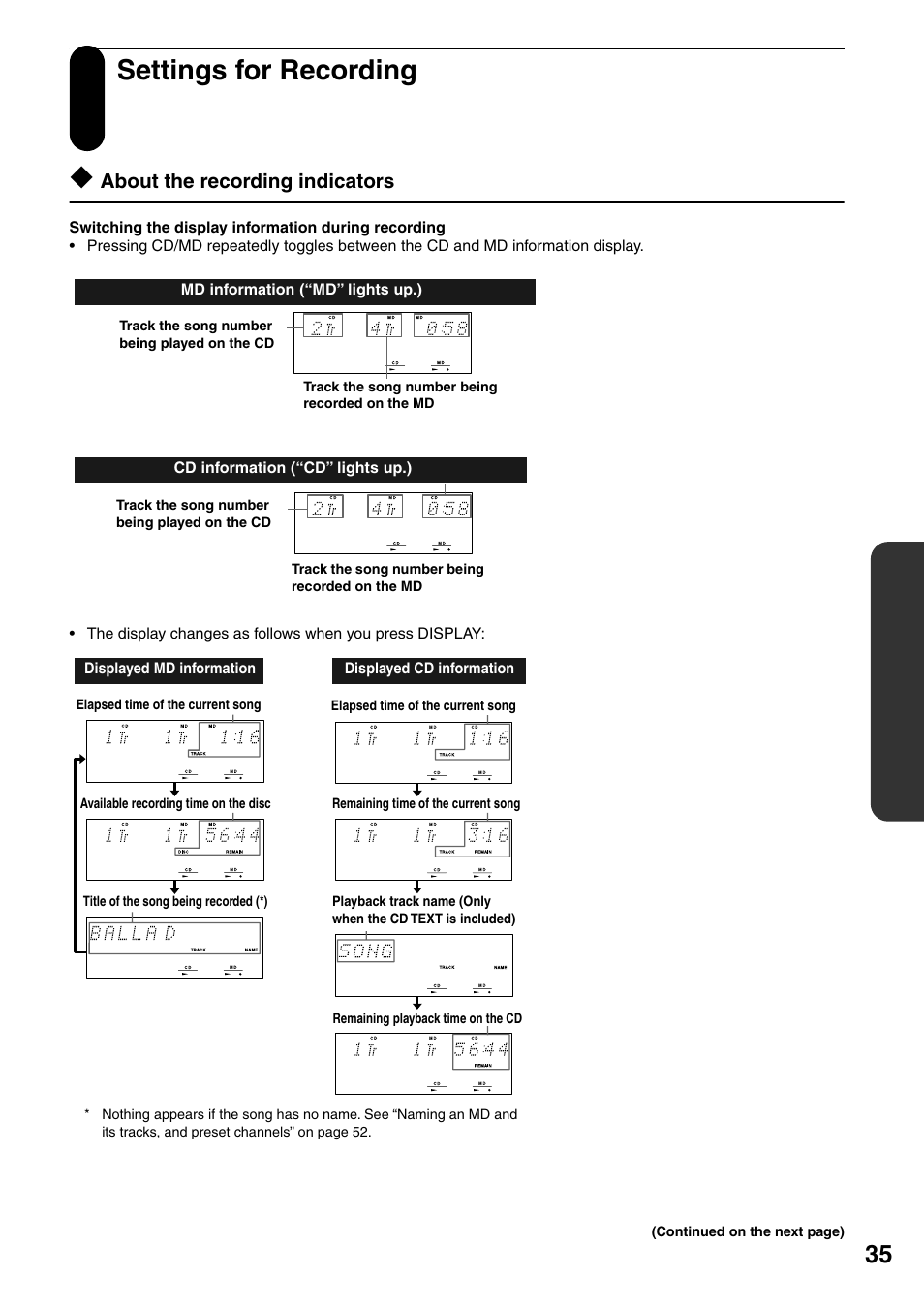 Settings for recording, About the recording indicators | Onkyo FR-N3X User Manual | Page 35 / 72