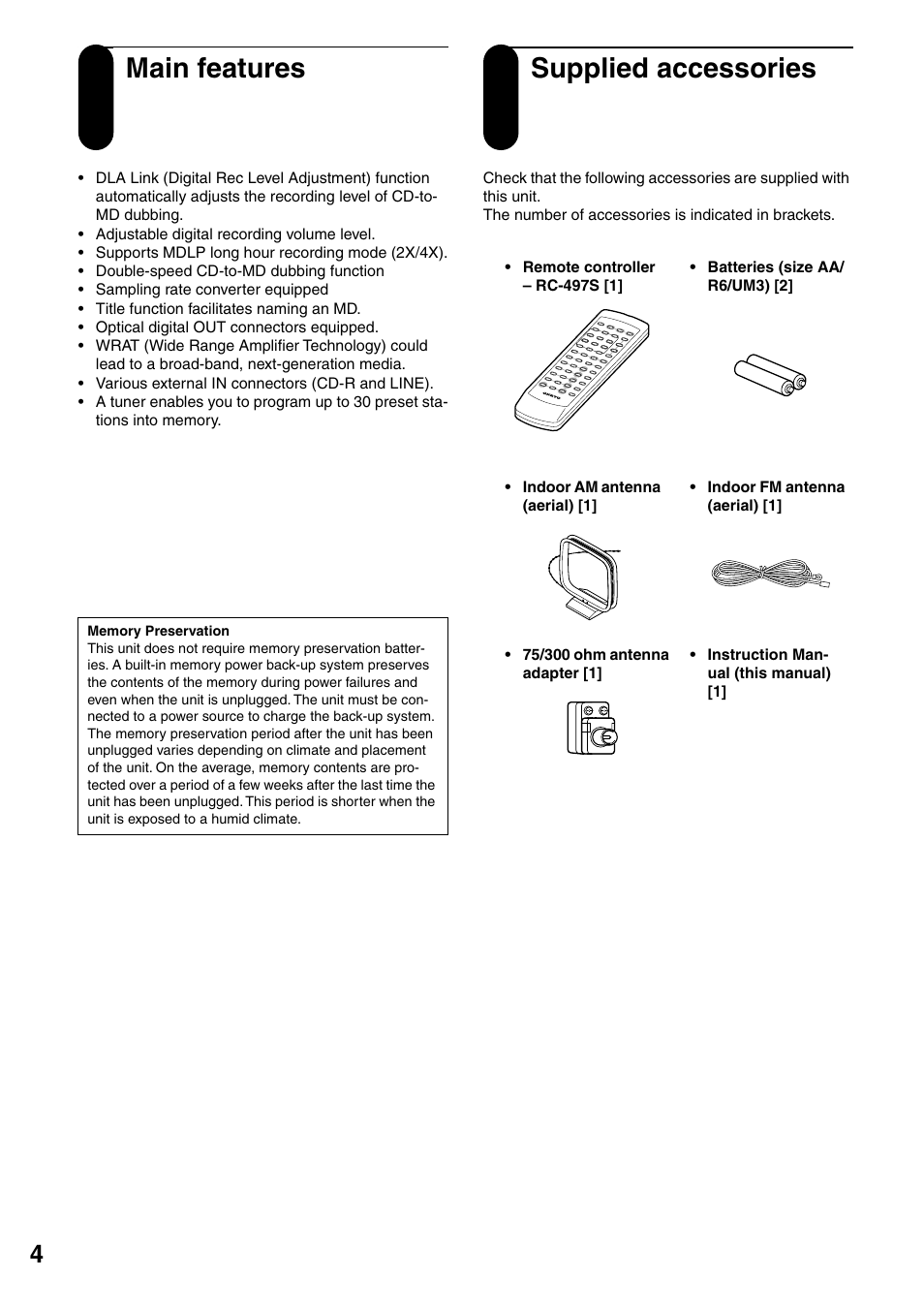 Main features, Supplied accessories | Onkyo FR-N3X User Manual | Page 4 / 72