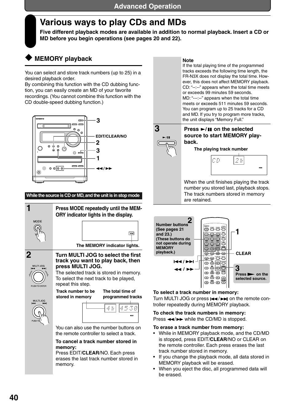 Various ways to play cds and mds, Memory playback, Advanced operation | Onkyo FR-N3X User Manual | Page 40 / 72