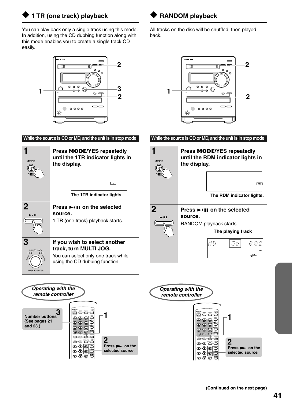 1 tr (one track) playback, Operating with the remote controller, Random playback | Onkyo FR-N3X User Manual | Page 41 / 72