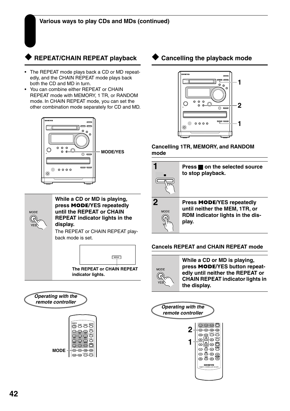 Repeat/chain repeat playback, Operating with the remote controller, Cancelling the playback mode | Cancelling 1tr, memory, and random mode, Cancels repeat and chain repeat mode | Onkyo FR-N3X User Manual | Page 42 / 72