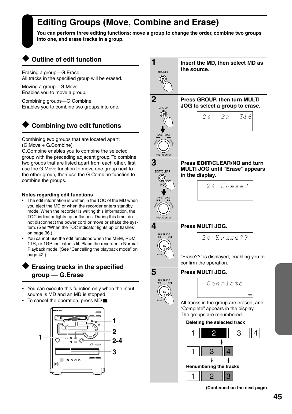 Editing groups (move, combine and erase), Outline of edit function, Combining two edit functions | Erasing tracks in the specified group — g.erase | Onkyo FR-N3X User Manual | Page 45 / 72