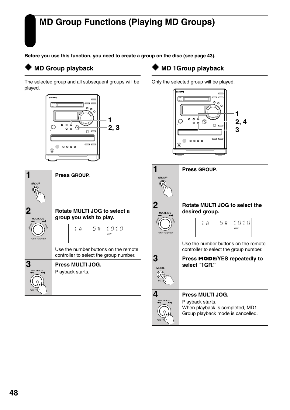Md group functions (playing md groups), Md group playback, Md 1group playback | Md group functions (playing md groups) 1 | Onkyo FR-N3X User Manual | Page 48 / 72