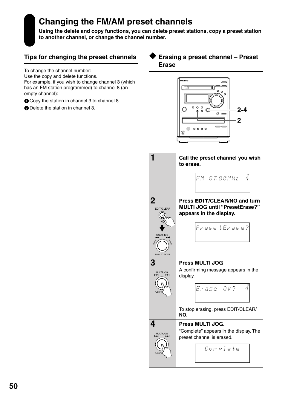 Changing the fm/am preset channels, Tips for changing the preset channels, Erasing a preset channel – preset erase | Onkyo FR-N3X User Manual | Page 50 / 72