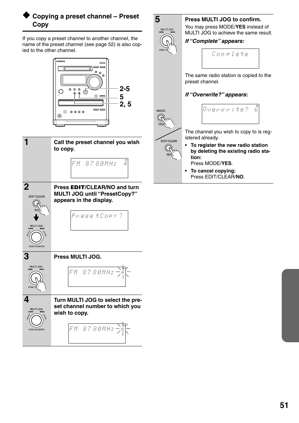 Copying a preset channel – preset copy | Onkyo FR-N3X User Manual | Page 51 / 72