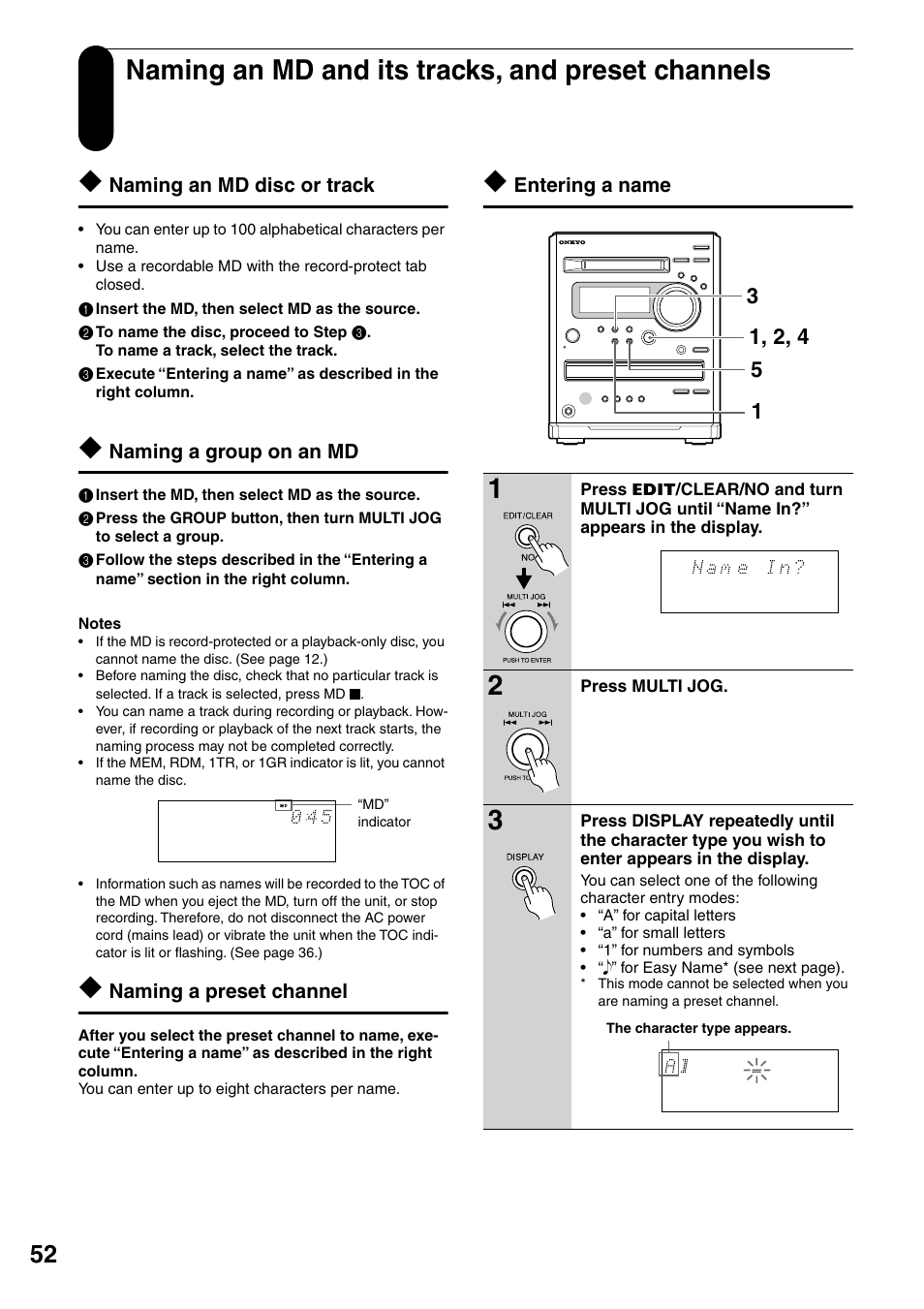 Naming an md and its tracks, and preset channels, Naming an md disc or track, Naming a group on an md | Naming a preset channel, Entering a name | Onkyo FR-N3X User Manual | Page 52 / 72
