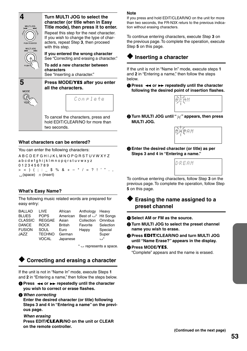 What characters can be entered, What’s easy name, Correcting and erasing a character | Inserting a character, Erasing the name assigned to a preset channel | Onkyo FR-N3X User Manual | Page 53 / 72