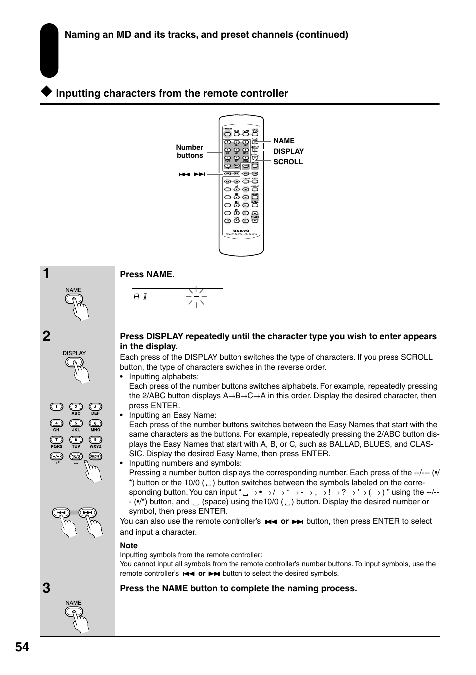 Inputting characters from the remote controller | Onkyo FR-N3X User Manual | Page 54 / 72