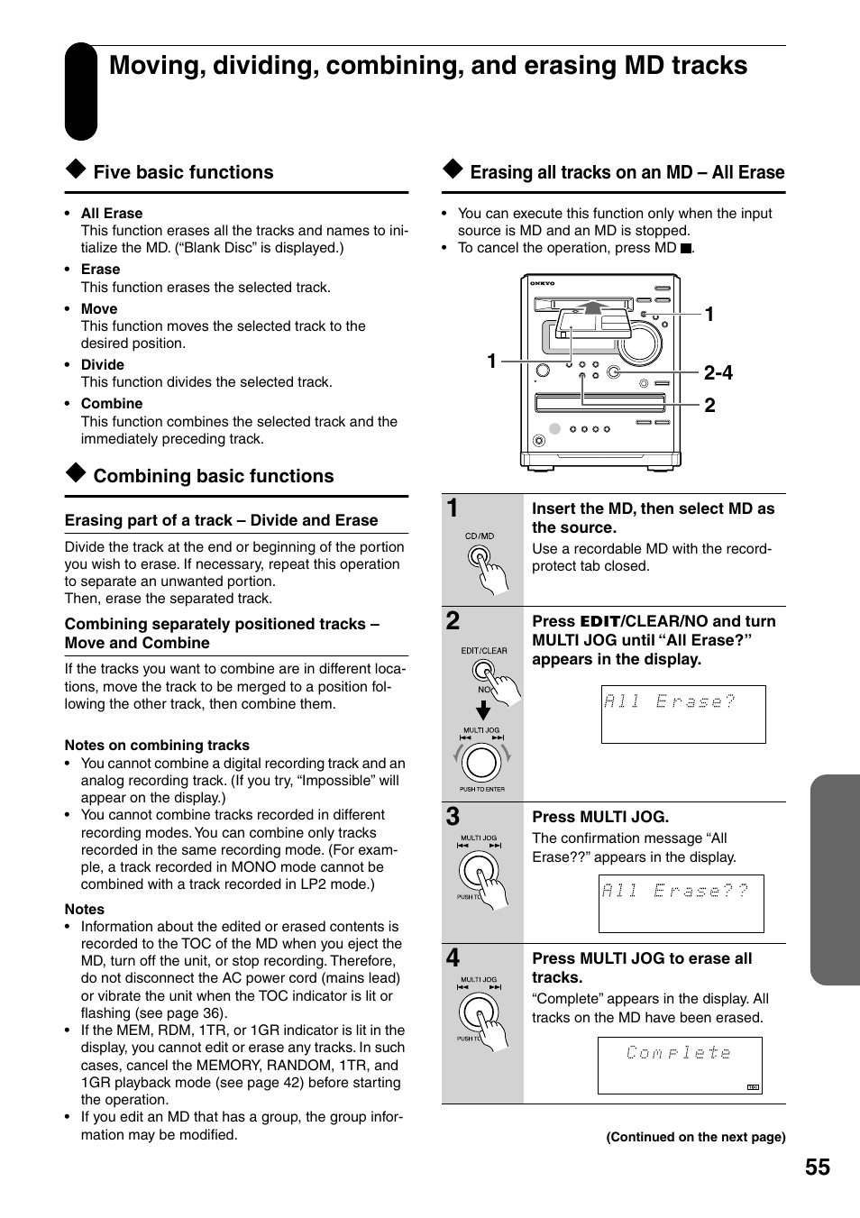 Moving, dividing, combining, and erasing md tracks, Five basic functions, Combining basic functions | Erasing part of a track – divide and erase, Erasing all tracks on an md – all erase | Onkyo FR-N3X User Manual | Page 55 / 72