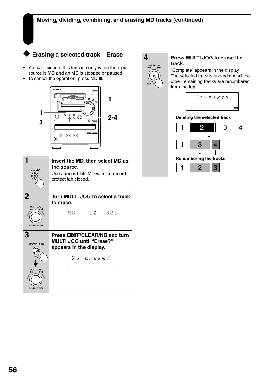 Erasing a selected track – erase | Onkyo FR-N3X User Manual | Page 56 / 72