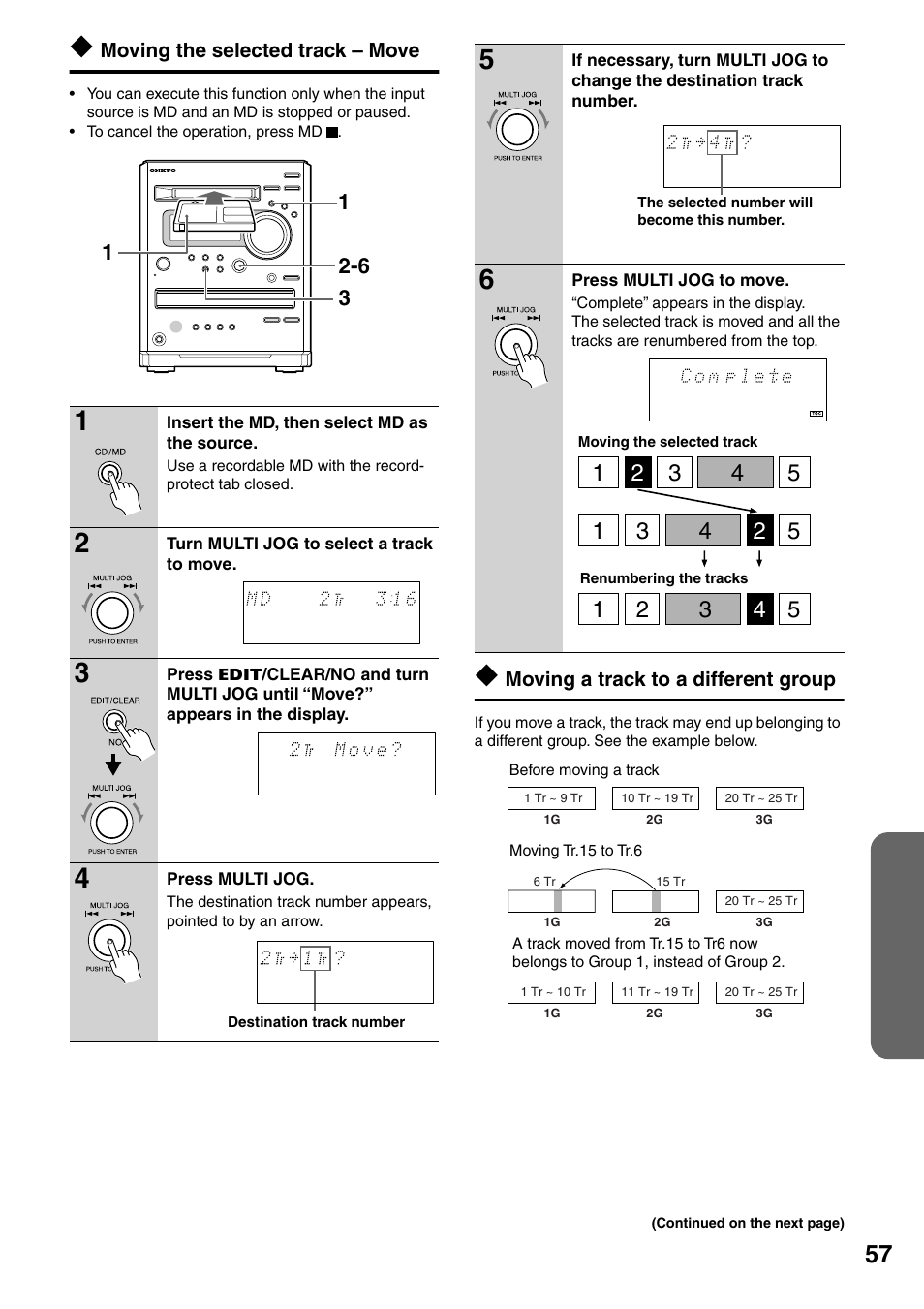 Moving the selected track – move, Moving a track to a different group | Onkyo FR-N3X User Manual | Page 57 / 72