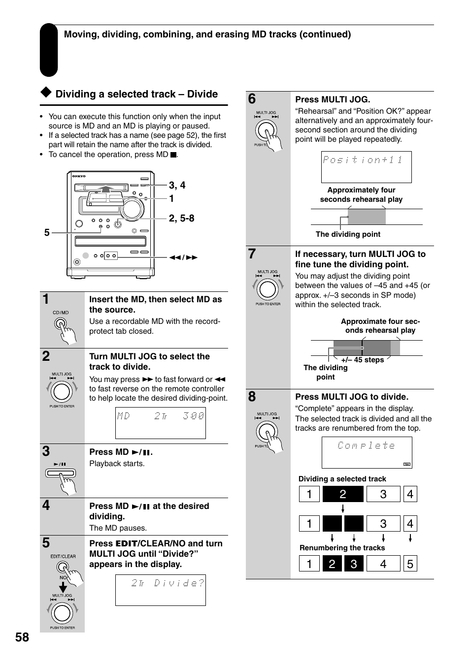 Dividing a selected track – divide | Onkyo FR-N3X User Manual | Page 58 / 72