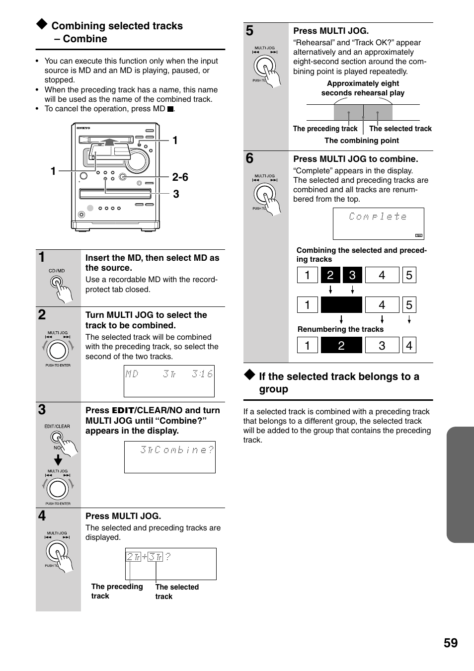 Combining selected tracks – combine, If the selected track belongs to a group | Onkyo FR-N3X User Manual | Page 59 / 72