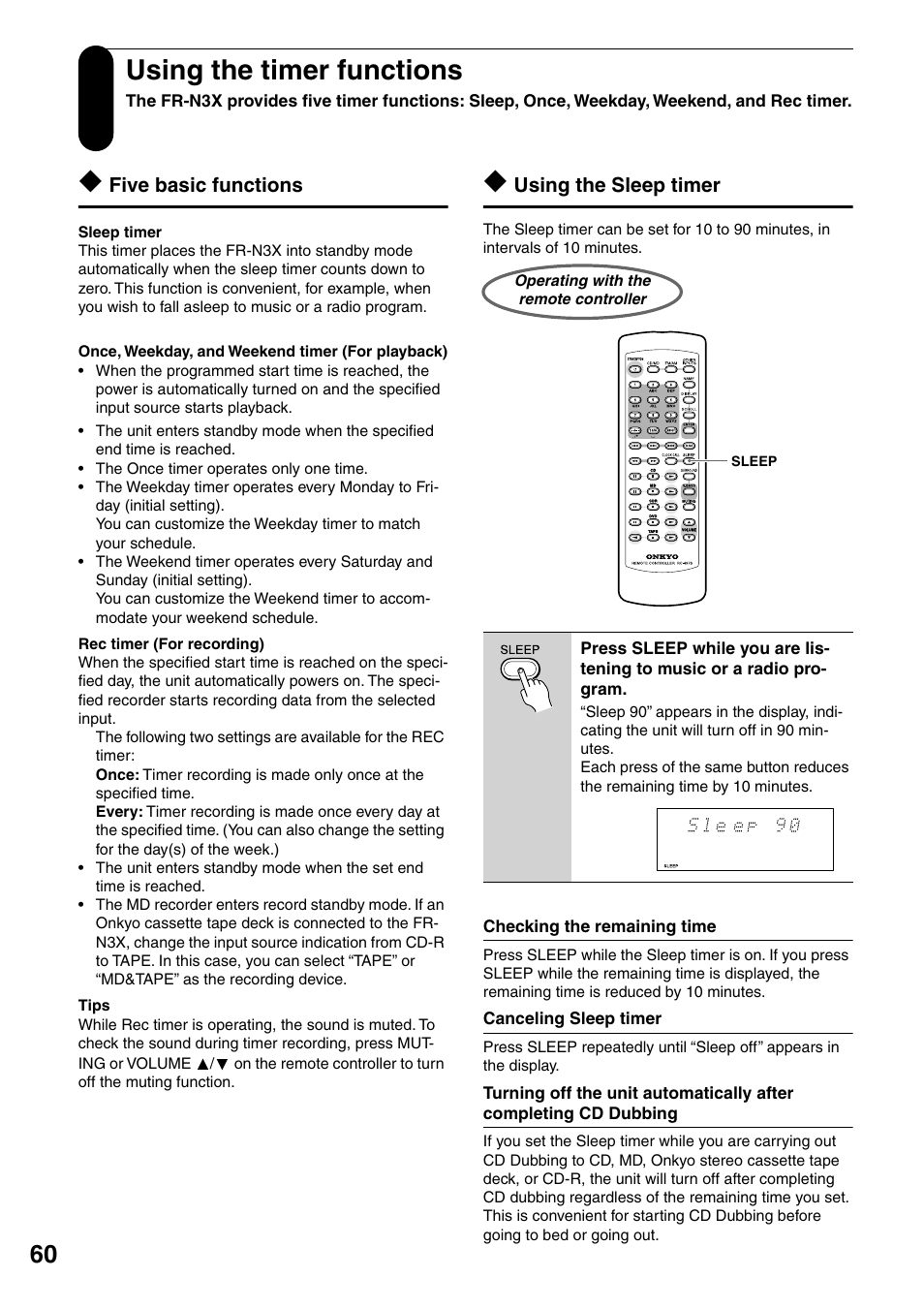 Using the timer functions, Five basic functions, Using the sleep timer | Operating with the remote controller, Checking the remaining time, Canceling sleep timer | Onkyo FR-N3X User Manual | Page 60 / 72