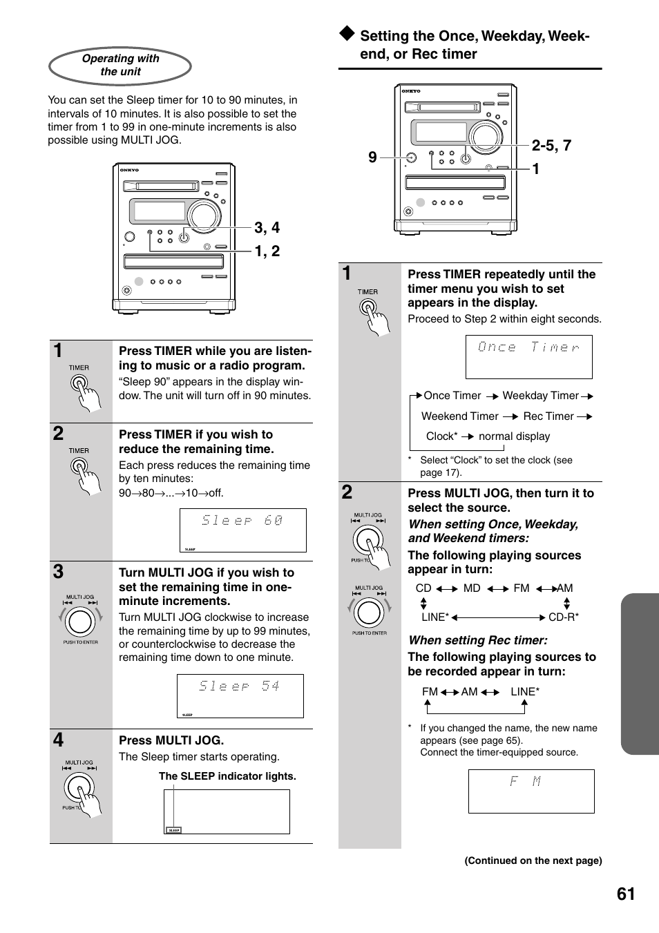 Operating with the unit, Setting the once, weekday, weekend, or rec timer | Onkyo FR-N3X User Manual | Page 61 / 72