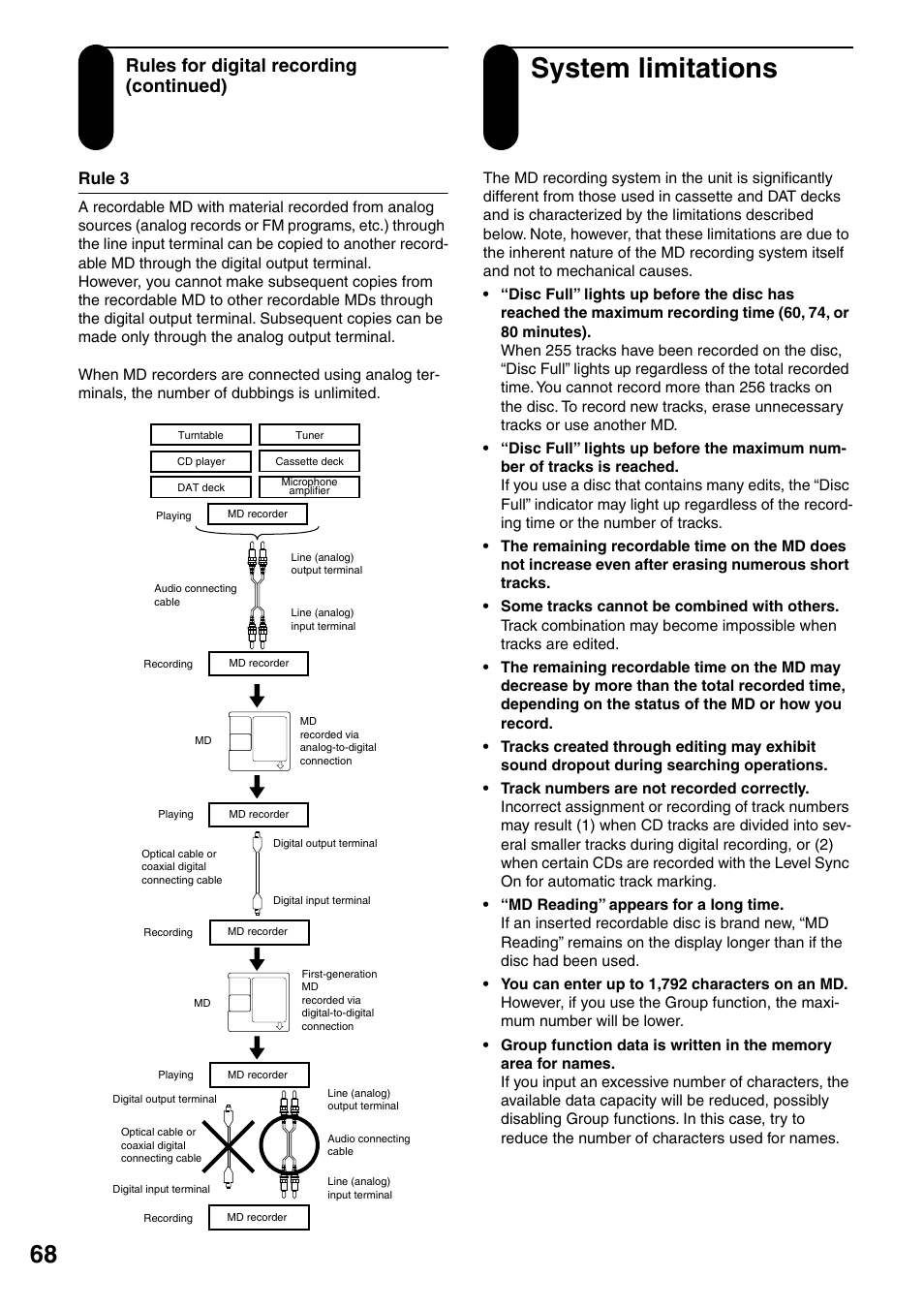 Rule 3, System limitations, Rules for digital recording (continued) | Onkyo FR-N3X User Manual | Page 68 / 72