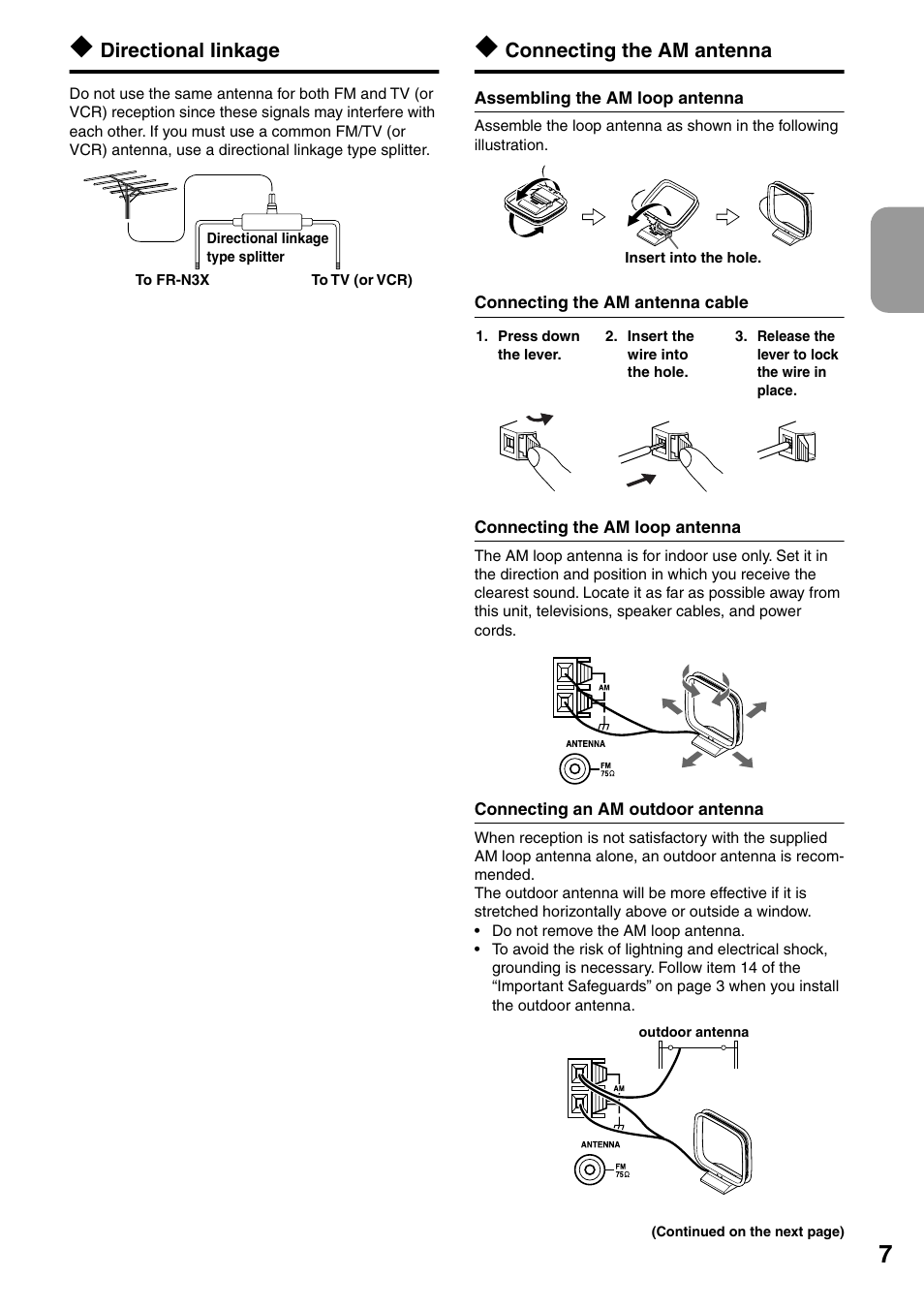 Directional iinkage, Connecting the am antenna, Assembling the am loop antenna | Connecting the am antenna cable, Connecting the am loop antenna, Connecting an am outdoor antenna | Onkyo FR-N3X User Manual | Page 7 / 72