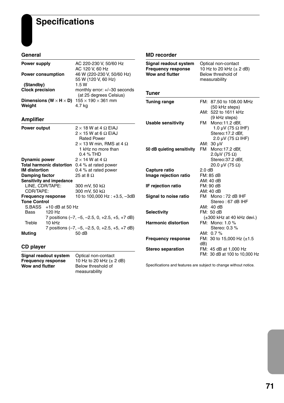 Specifications, General, Amplifier | Cd player, Md recorder, Tuner | Onkyo FR-N3X User Manual | Page 71 / 72