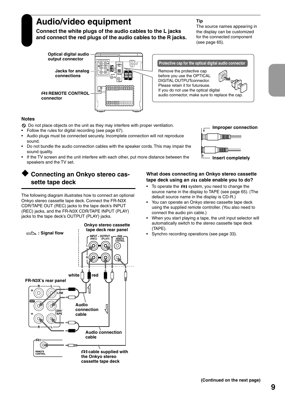 Audio/video equipment, Connecting an onkyo stereo cassette tape deck, Connecting an onkyo stereo cas- sette tape deck | Onkyo FR-N3X User Manual | Page 9 / 72