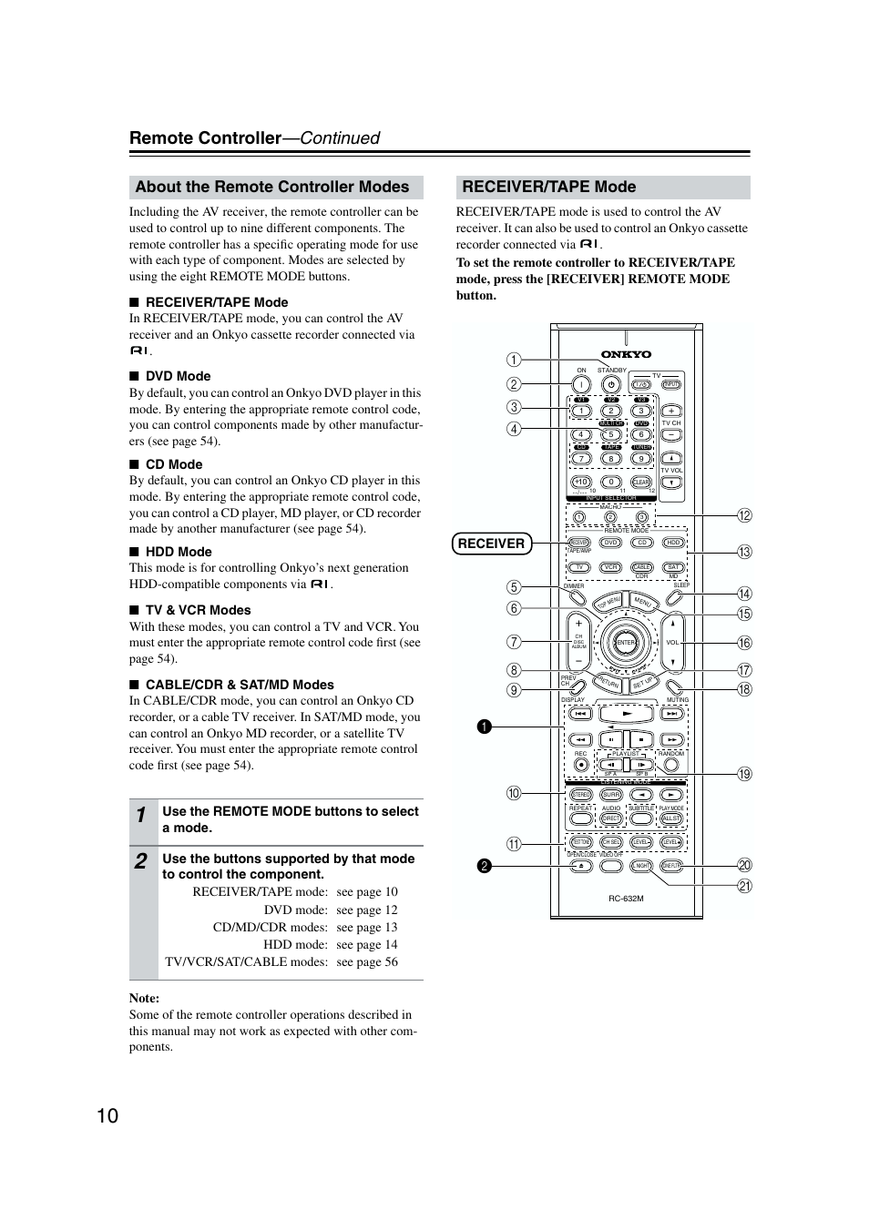 Remote control, Remote controller —continued, About the remote controller modes | Receiver/tape mode, Use the remote mode buttons to select a mode, Receiver | Onkyo TX-SR573 User Manual | Page 10 / 79