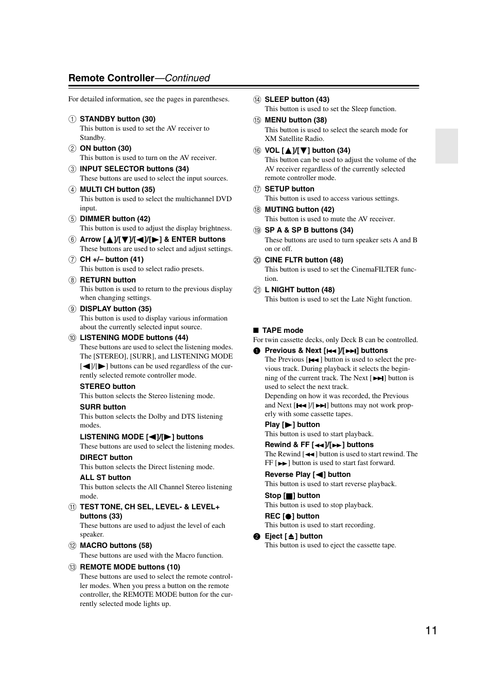 Remote controller —continued | Onkyo TX-SR573 User Manual | Page 11 / 79