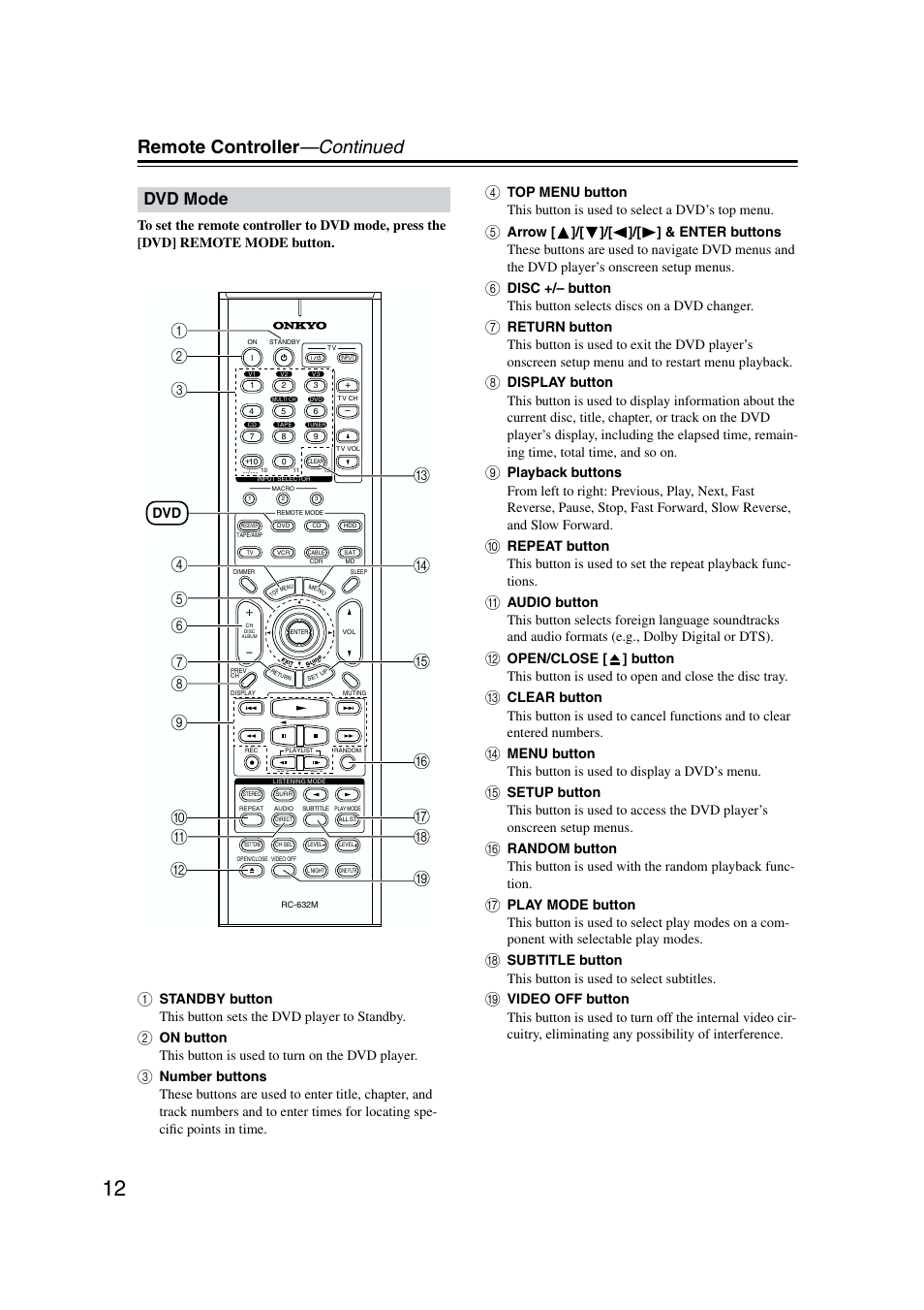 Remote controller —continued, Dvd mode, On p j k | Onkyo TX-SR573 User Manual | Page 12 / 79