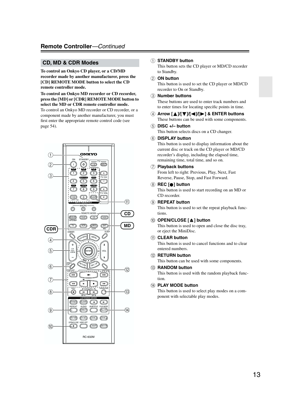 Remote controller —continued, Cd, md & cdr modes, Md cdr cd | Onkyo TX-SR573 User Manual | Page 13 / 79